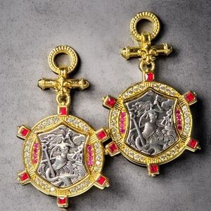 18k Gold Plated Mermaid Queen Coat Of Arms Coin Doorknocker Crystal Earrings